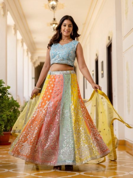 Wedding Wear Multi Color Lehenga with Sequins Work and Lace Border Dupatta Designer Lehenga Choli