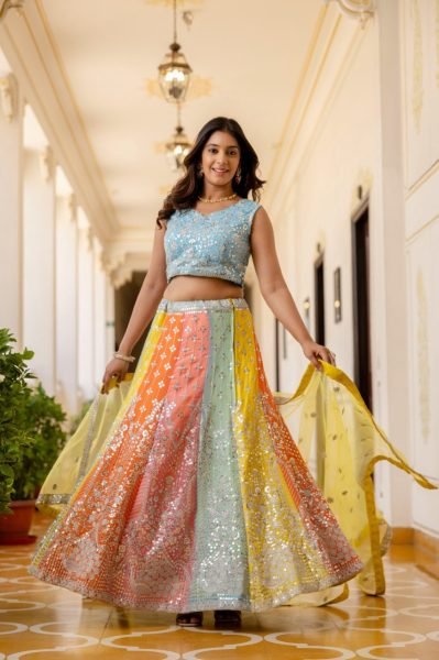 Wedding Wear Multi Color Lehenga with Sequins Work and Lace Border Dupatta Designer Lehenga Choli