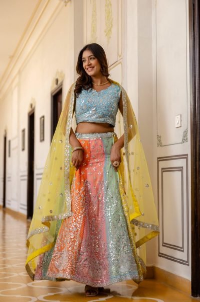 Wedding Wear Multi Color Lehenga with Sequins Work and Lace Border Dupatta Designer Lehenga Choli