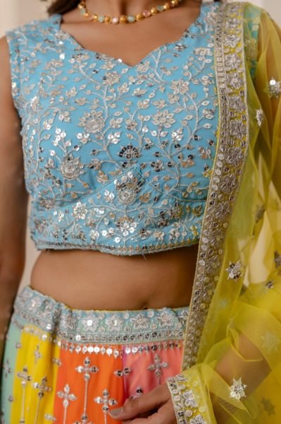 Wedding Wear Multi Color Lehenga with Sequins Work and Lace Border Dupatta Designer Lehenga Choli