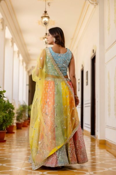 Wedding Wear Multi Color Lehenga with Sequins Work and Lace Border Dupatta Designer Lehenga Choli