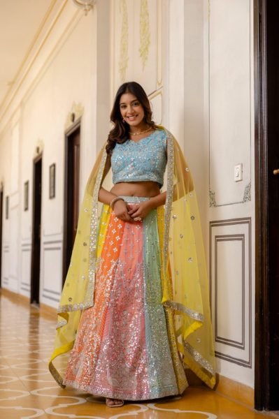 Wedding Wear Multi Color Lehenga with Sequins Work and Lace Border Dupatta Designer Lehenga Choli