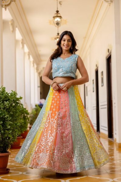 Wedding Wear Multi Color Lehenga with Sequins Work and Lace Border Dupatta Designer Lehenga Choli