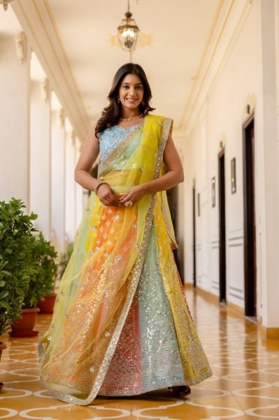 Wedding Wear Multi Color Lehenga with Sequins Work and Lace Border Dupatta Designer Lehenga Choli