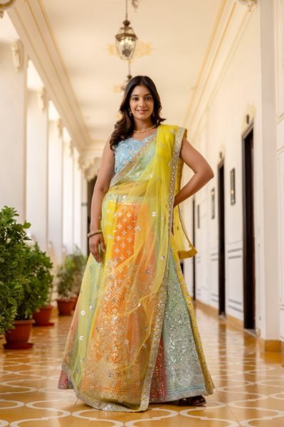 Wedding Wear Multi Color Lehenga with Sequins Work and Lace Border Dupatta Designer Lehenga Choli