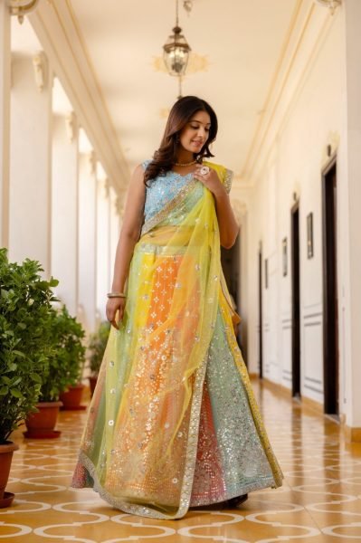 Wedding Wear Multi Color Lehenga with Sequins Work and Lace Border Dupatta Designer Lehenga Choli