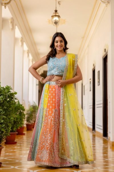 Wedding Wear Multi Color Lehenga with Sequins Work and Lace Border Dupatta Designer Lehenga Choli