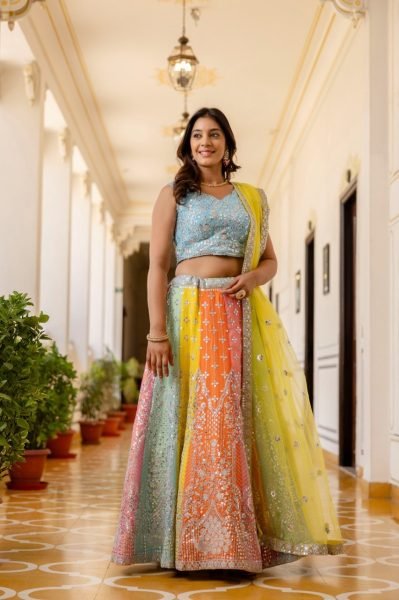 Wedding Wear Multi Color Lehenga with Sequins Work and Lace Border Dupatta Designer Lehenga Choli