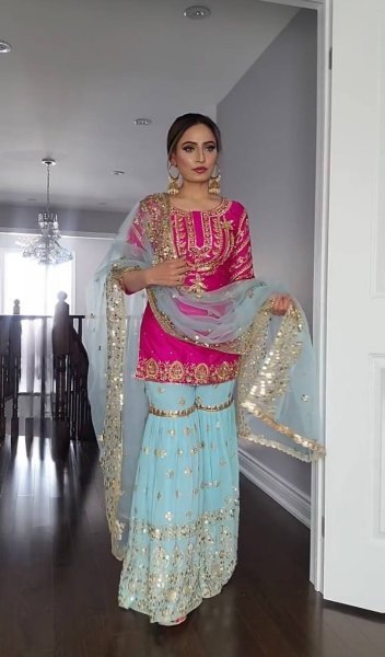 Wedding Wear Pink Faux Georgette Sharara Suit With Embroidery   Sequence Work  Ready To Wear Collection