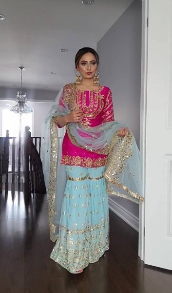 Wedding Wear Pink Faux Georgette Sharara Suit With Embroidery   Sequence Work  Ready To Wear Collection