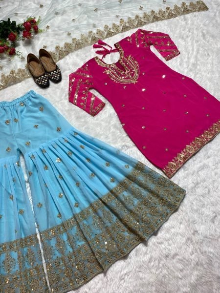 Wedding Wear Pink Faux Georgette Sharara Suit With Embroidery   Sequence Work  Ready To Wear Collection