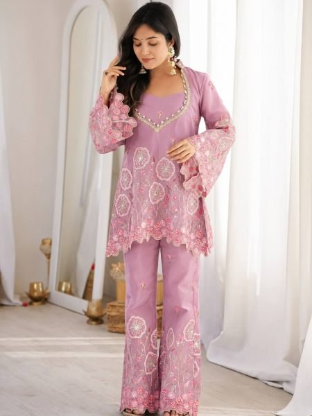 Wedding Wear Pink HO Silk Floral Embroidered Co Ord Set for Women 