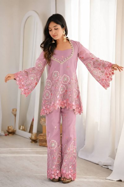 Wedding Wear Pink HO Silk Floral Embroidered Co Ord Set for Women Ready To Wear Collection