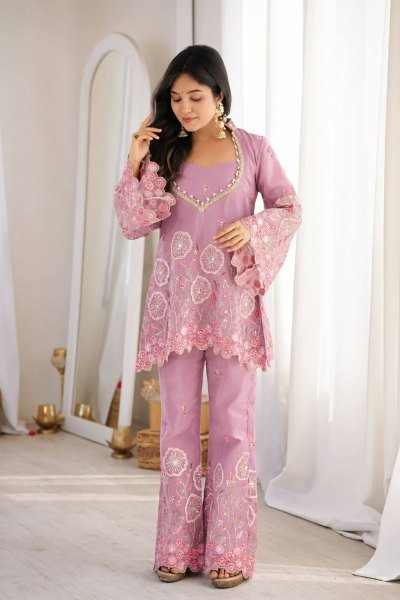 Wedding Wear Pink HO Silk Floral Embroidered Co Ord Set for Women Ready To Wear Collection