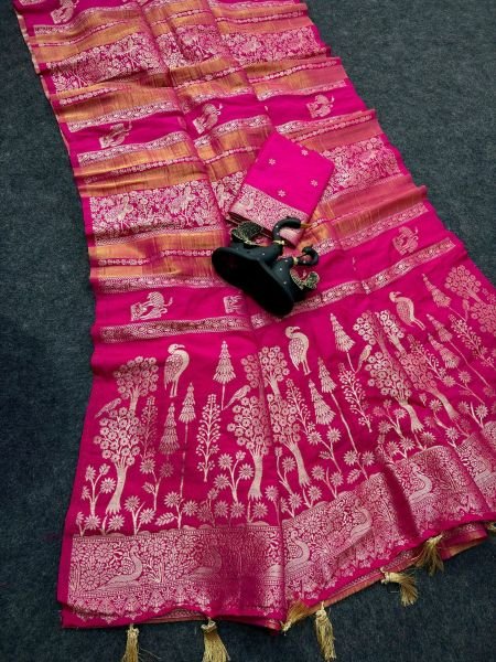 Wedding Wear Pink Paithani Silk Saree with Golden Zari Peacock Motifs at factory Price Sarees 