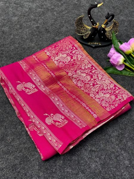 Wedding Wear Pink Paithani Silk Saree with Golden Zari Peacock Motifs at factory Price Silk Sarees Wholesale