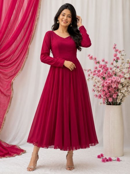 Wedding Wear Red Georgette Anarkali Dress Collection Ready To Wear Suit