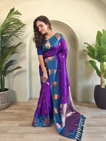 Wedding Wear Royal Purple Dual Tone Silk Saree with Peacock Motif Border and Tassel Finish 