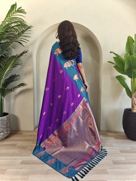 Wedding Wear Royal Purple Dual Tone Silk Saree with Peacock Motif Border and Tassel Finish Silk Sarees Wholesale