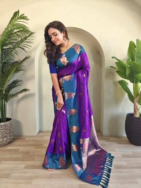 Wedding Wear Royal Purple Dual Tone Silk Saree with Peacock Motif Border and Tassel Finish Silk Sarees Wholesale