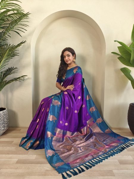 Wedding Wear Royal Purple Dual Tone Silk Saree with Peacock Motif Border and Tassel Finish Silk Sarees Wholesale