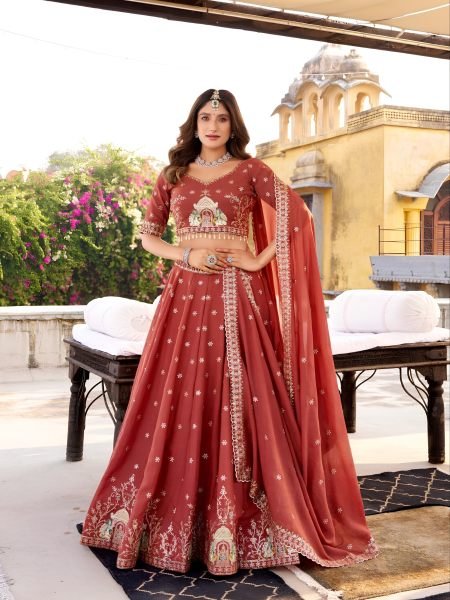 Wedding Wear Rust Star Gorget Lehenga Choli with Heavy Embroidery Work 