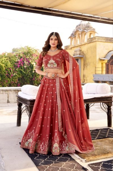 Wedding Wear Rust Star Gorget Lehenga Choli with Heavy Embroidery Work Designer Lehenga Choli