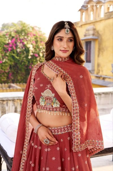 Wedding Wear Rust Star Gorget Lehenga Choli with Heavy Embroidery Work Designer Lehenga Choli