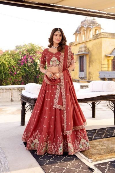 Wedding Wear Rust Star Gorget Lehenga Choli with Heavy Embroidery Work Designer Lehenga Choli