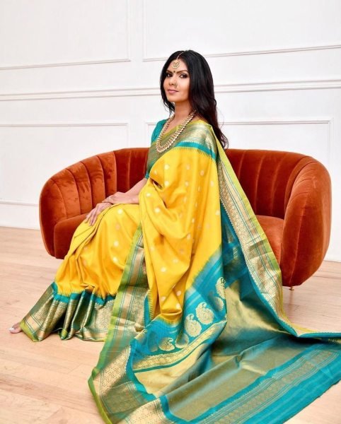 Wedding Wear Yellow Soft Lichi Silk Saree  Silk Sarees Wholesale