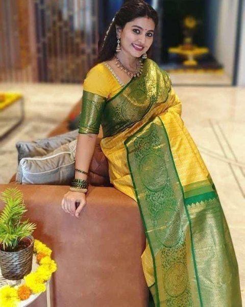 Wedding Wear Yellow Soft Lichi Silk Saree  Silk Sarees Wholesale
