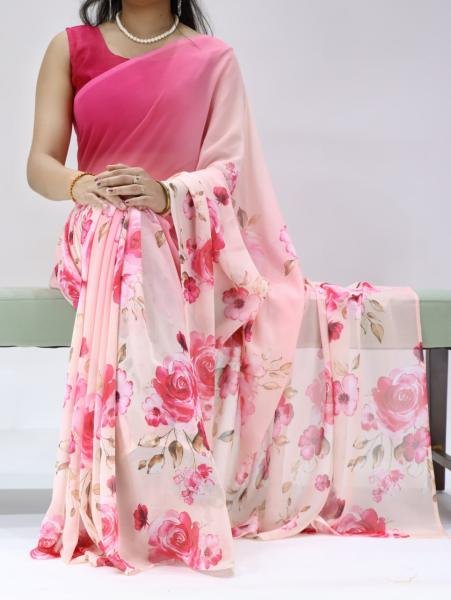 Weightless Pink Floral Printed Saree with Silk Banglory Blouse Georgette Sarees Wholesale