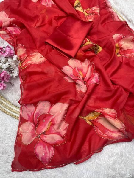 Weightless Red Chiffon Floral Digital Print Saree with Embroidered Border 