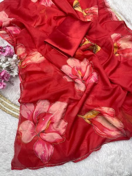 Weightless Red Chiffon Floral Digital Print Saree with Embroidered Border Printed Cotton Sarees Wholesale