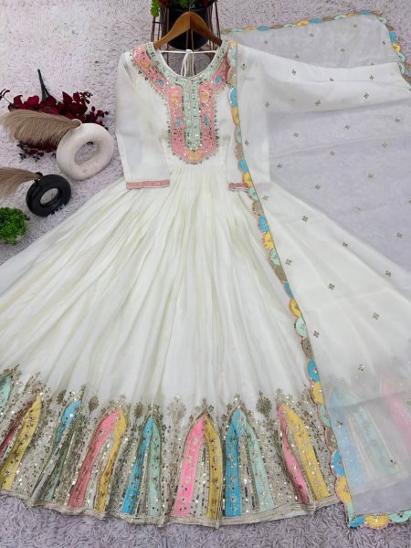 White Aesthetic look Anarkali Gown With Dupatta For Women  Online Ready To Wear Collection