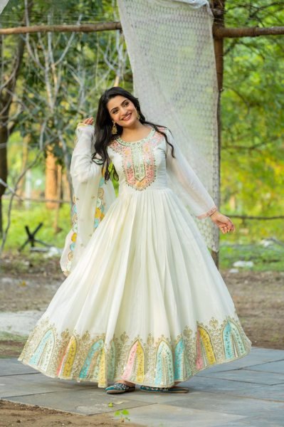 White Aesthetic look Anarkali Gown With Dupatta For Women  Online Ready To Wear Collection