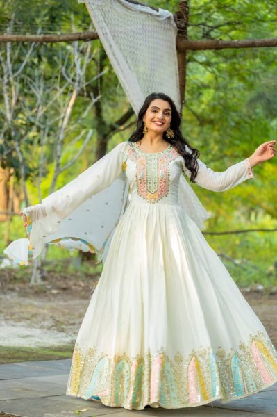 White Aesthetic look Anarkali Gown With Dupatta For Women  Online Ready To Wear Collection