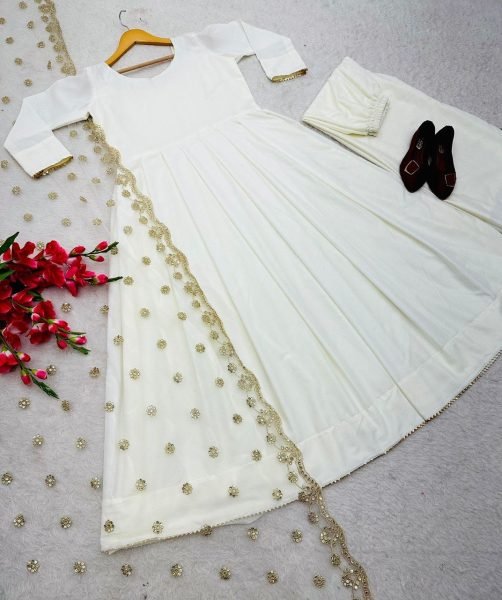 White Anarkali Georgette Kurti Plazzo Set With Embroidery Work  3 Piece Kurti Set