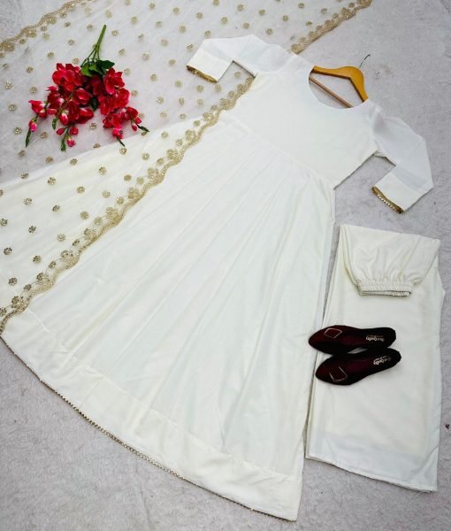White Anarkali Georgette Kurti Plazzo Set With Embroidery Work  3 Piece Kurti Set
