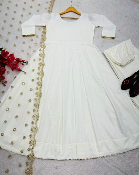 White Anarkali Georgette Kurti Plazzo Set With Embroidery Work  3 Piece Kurti Set
