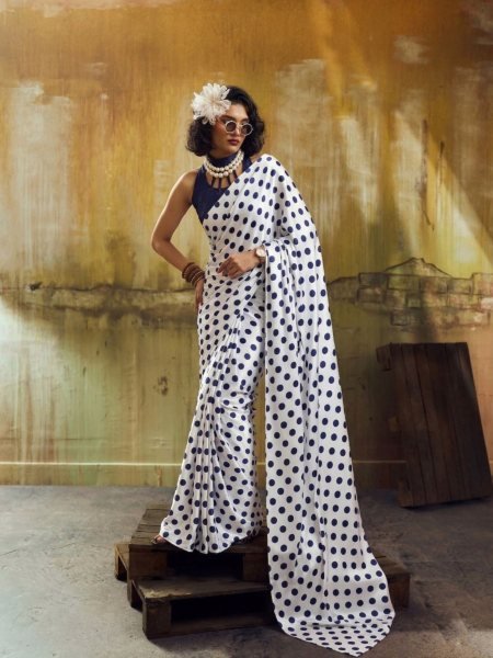 White And Blue Polka Dot Printed Satin Saree Often Styled In Retro Bollywood Fashion Sarees 