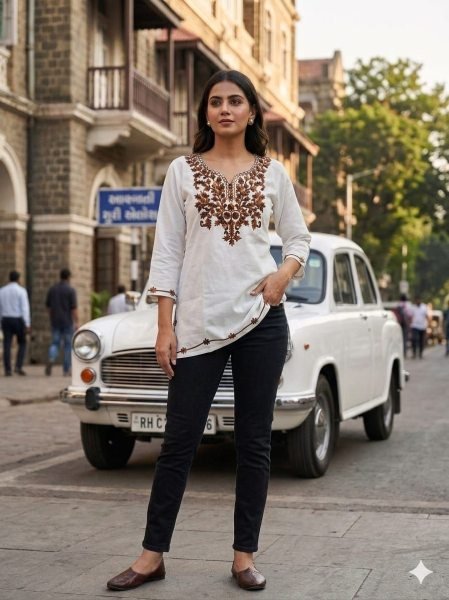 White And Brown Casual Wear Cotton Kurta For Daily Use Tunics kurti