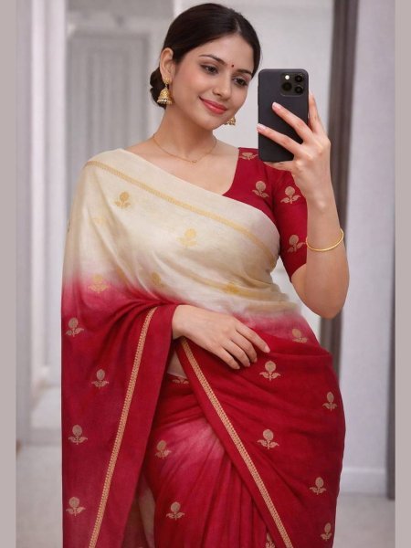 White And Red Khadi Viscose Silk Saree with Zari Border and Floral Motifs  Sarees 
