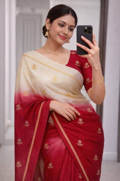 White And Red Khadi Viscose Silk Saree with Zari Border and Floral Motifs  Silk Sarees Wholesale