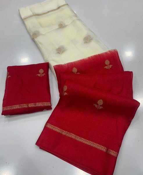 White And Red Khadi Viscose Silk Saree with Zari Border and Floral Motifs  Silk Sarees Wholesale