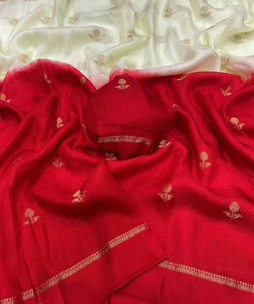 White And Red Khadi Viscose Silk Saree with Zari Border and Floral Motifs  Silk Sarees Wholesale