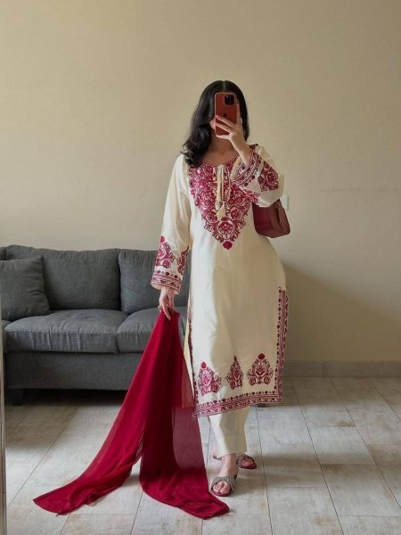 White And Red Roman Silk Elegant Kurti Pant Set for Daily and Festive Wear 