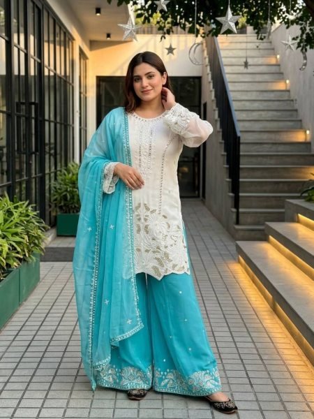 White & Aqua Blue Faux Georgette Kurti Latest Fancy Palazzo Set With Dupatta Ready To Wear For Women 