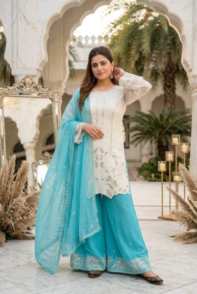 White & Aqua Blue Faux Georgette Kurti Latest Fancy Palazzo Set With Dupatta Ready To Wear For Women Ready To Wear Collection