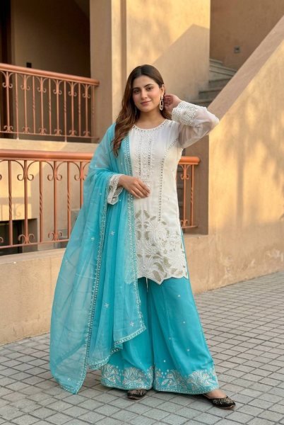White & Aqua Blue Faux Georgette Kurti Latest Fancy Palazzo Set With Dupatta Ready To Wear For Women Ready To Wear Collection